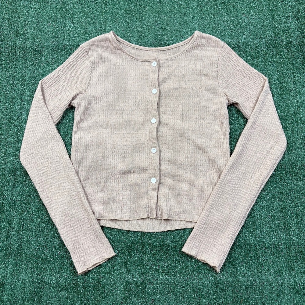 Y2K Cardigan Sweater Tan Popcorn Crinkle Cropped Long Sleeve